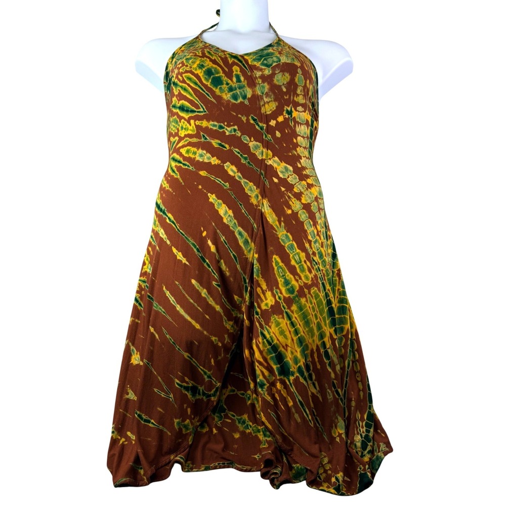 Fighting Eel M Brown Tie Dye Halter Maxi Dress Handkerchief Hem Boho Beach Retro